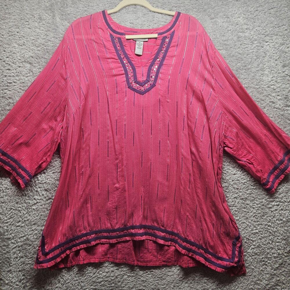 Catherines Womens Pink Cotton Blouse Size 3X Sequin Beading Lightweight Colorful